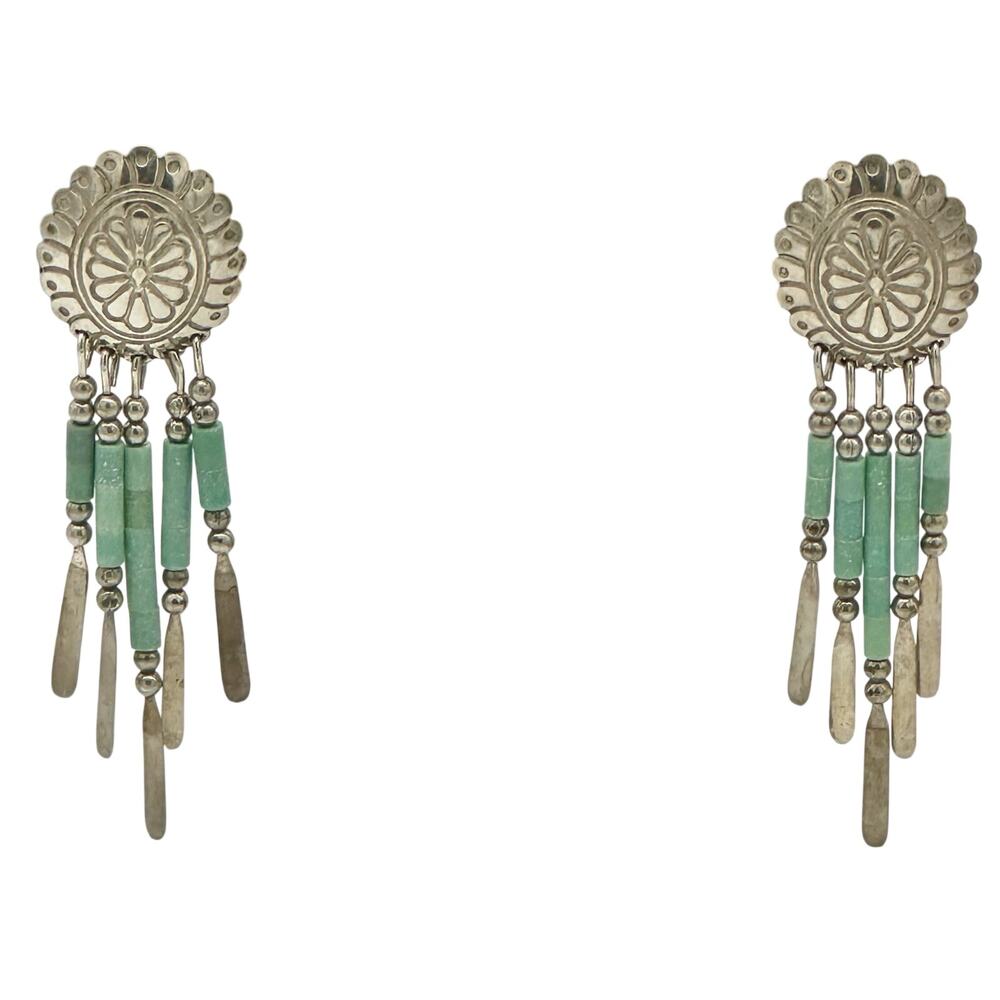 Vtg Native American 925 And Turquoise Fringe Dangle Floral Oval Concho Earrings